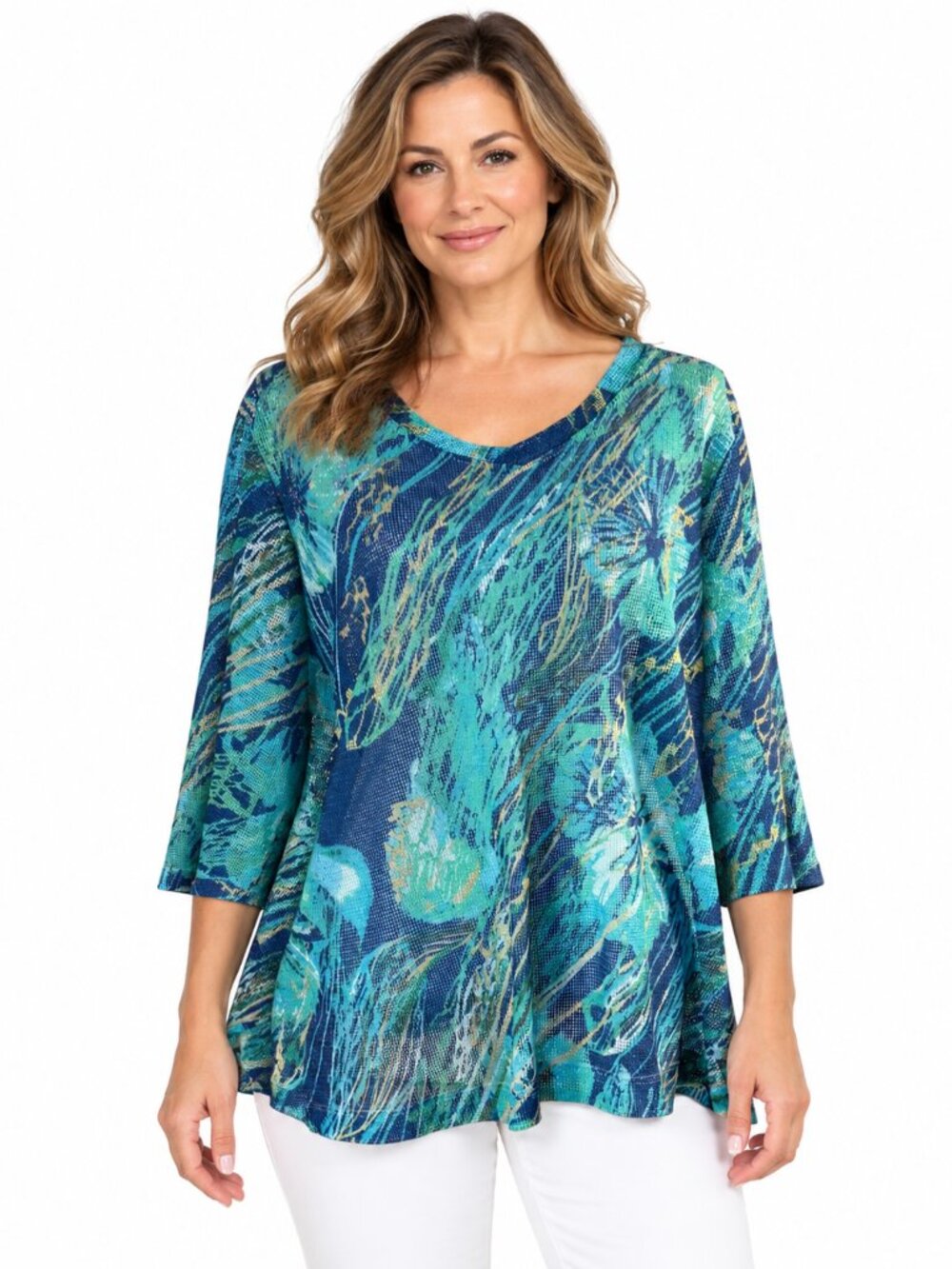 Ali Miles Tunic Size 2X Blue V Neck Abstract 3/4 Sleeves Textured Semi Sheer